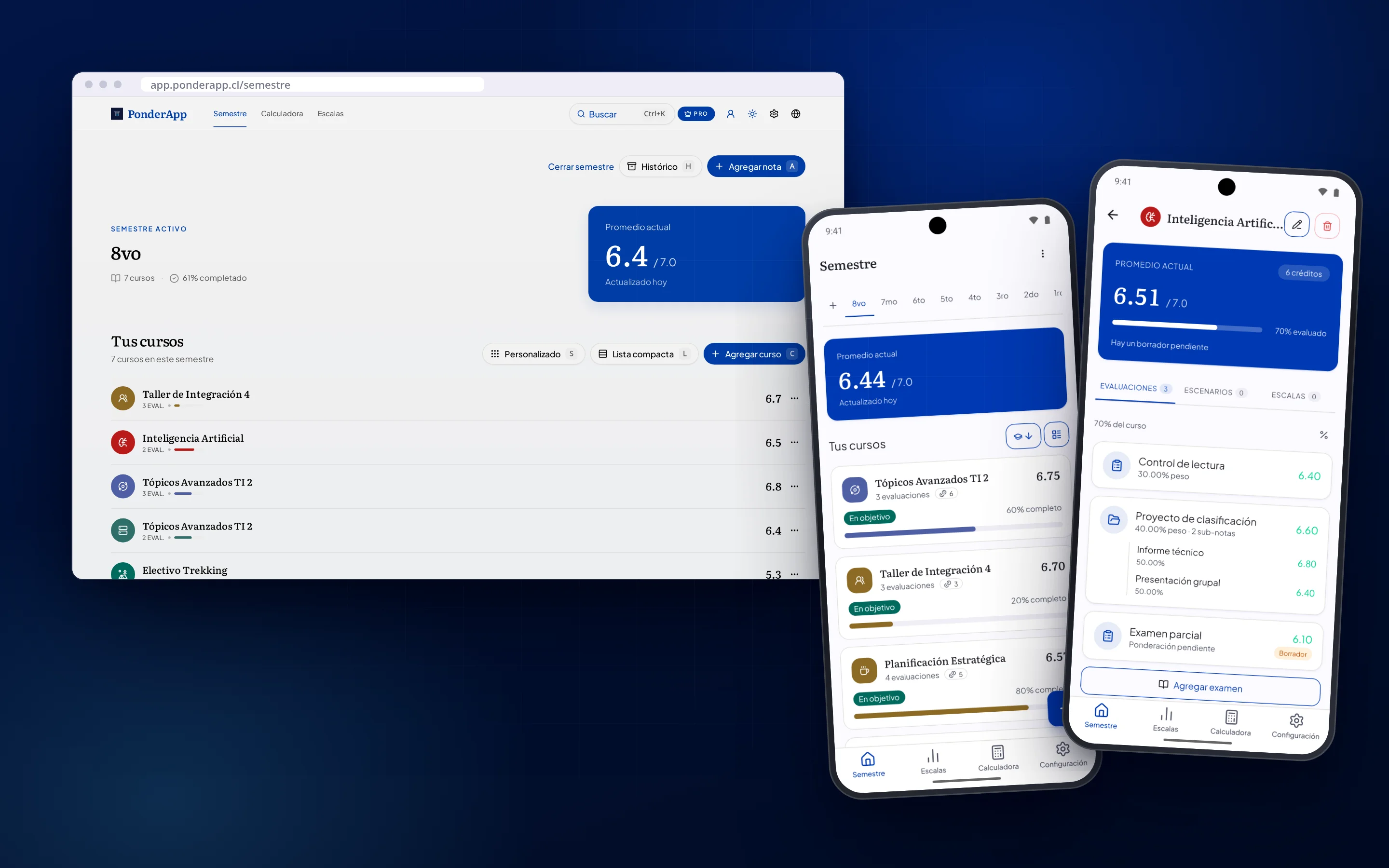 PonderApp en la web y en Android, con el semestre activo y el detalle de un curso