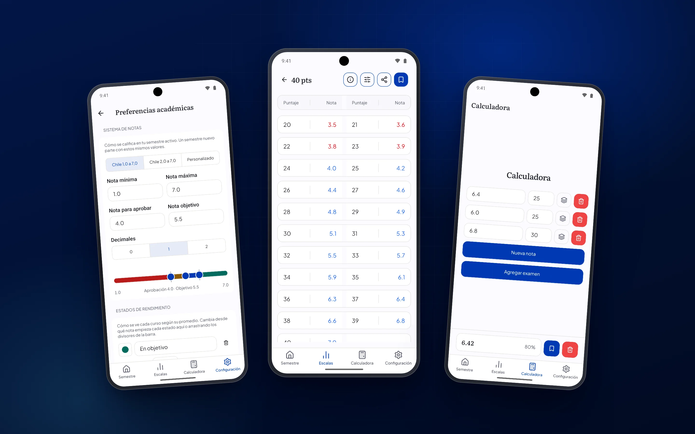Preferencias académicas, escala de 40 puntos y calculadora libre en Android