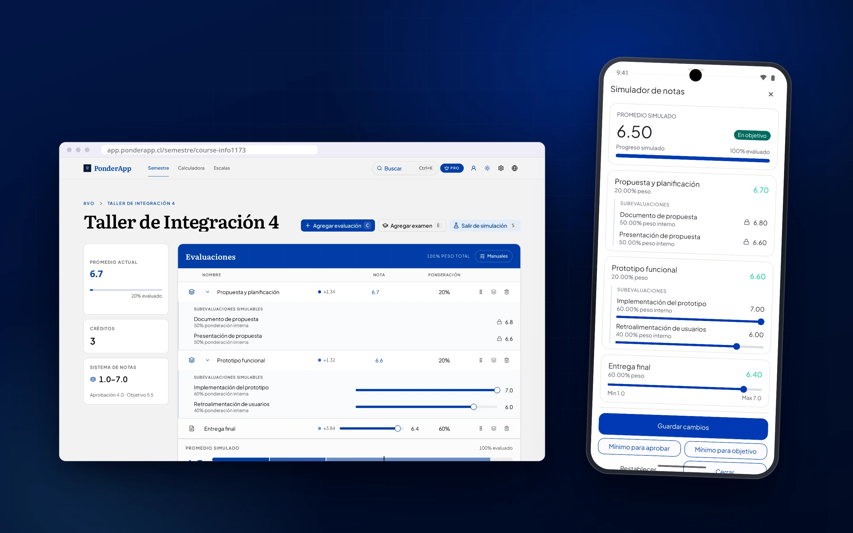 Simulador de notas de Taller de Integración 4 en la web y en Android